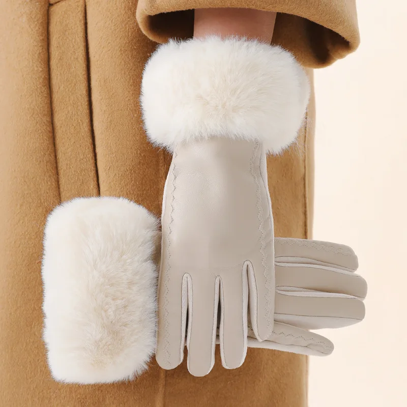 Women's Winter Luxury PU Leather Gloves Wrist Soft Faux Fur Trim Cuff Fashion Elegant Party Warm Touch Screen Drive Cycling