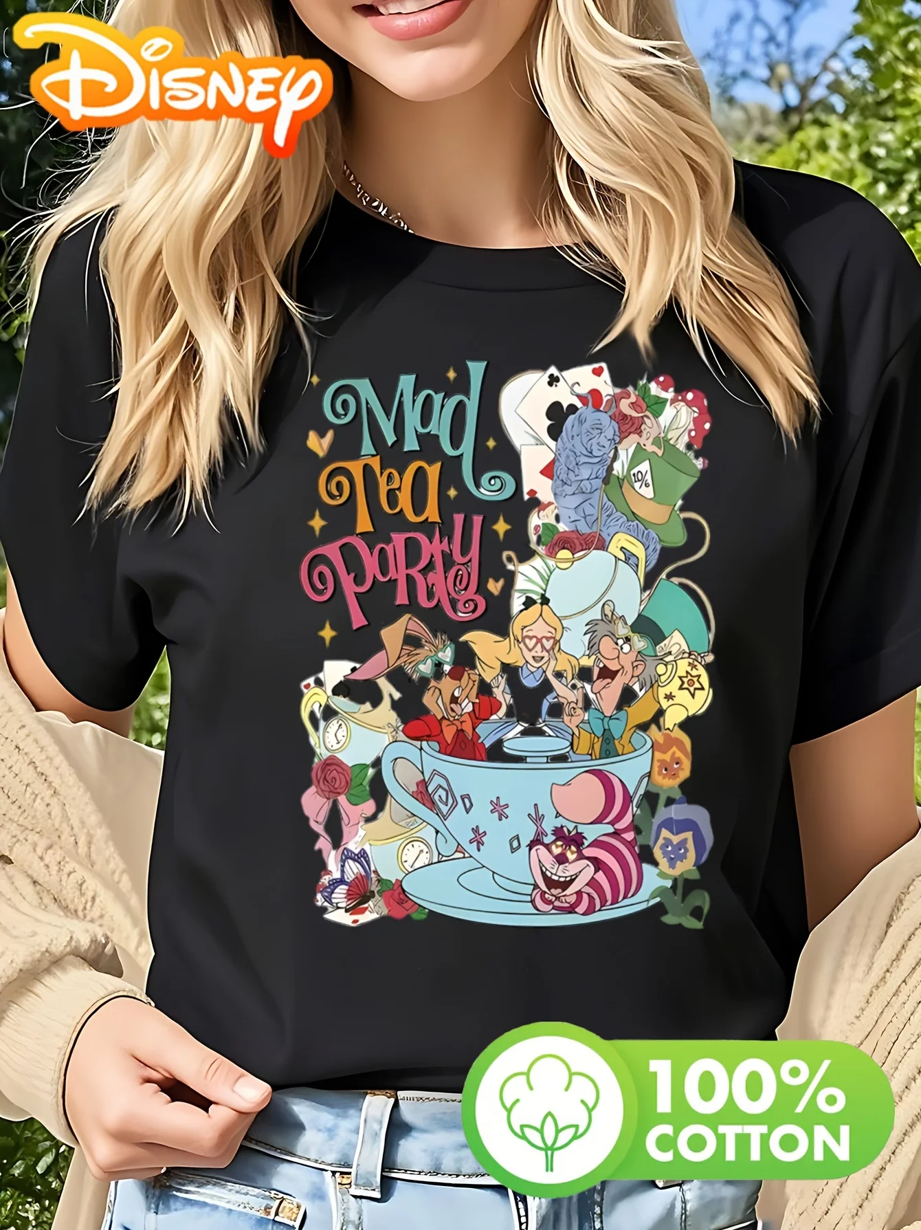 تي شيرت نسائي لشخصيات حفلات الشاي من ديزني أليس في بلاد العجائب كريزي صوفي قميص أسود ناعم قابل للتنفس لمحبي ديزني كاجوال