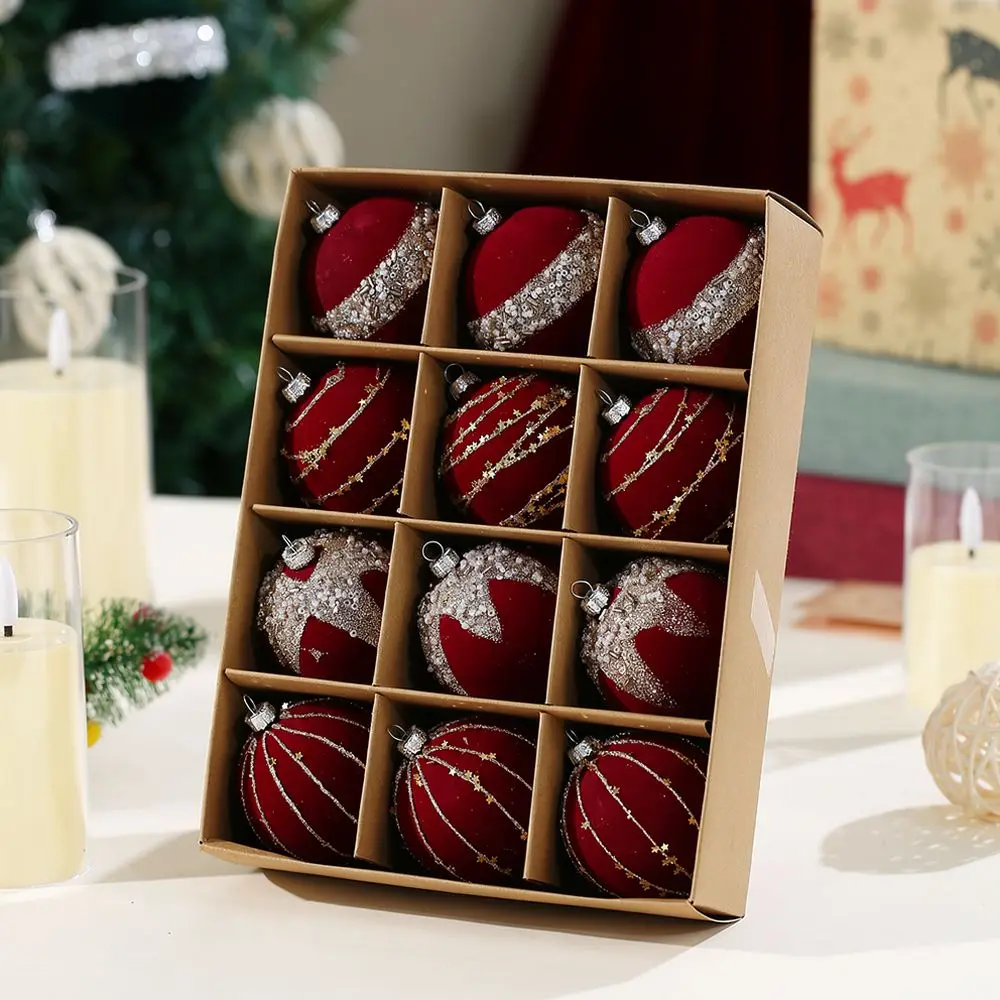 クリスマスオーナメント、フロッキーラインストーン装飾ボールセット。結婚式やパーティー、お家の壁の装飾に最適な、お祭り気分を盛り上げるツリー用オーナメント。