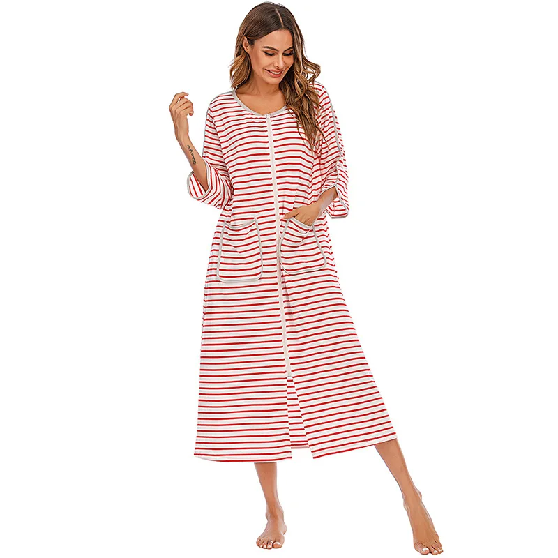 Women Long Sleepwear Soft Zipper Front Robes Autumn Nightgown Warm Striped Kimono Loungewear Maternity Bathrobe Pajamas