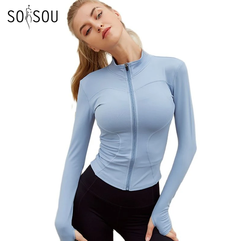 SOISOU Women Tight Sport Yoga Coat Zip Long Sleeve Fitness Gym Cycling Women's Spring Jacket Running Workout Clothes Activewear