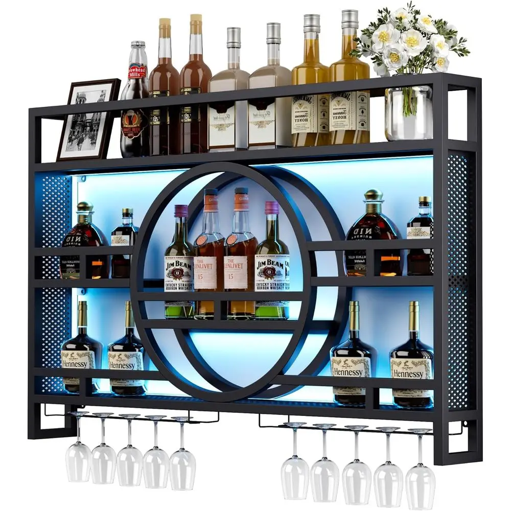 

Wall-Mounted 47 3-Tier Wine Rack with LED Lights, Floating Bar Shelves and Wine Glass Holder for Home Bar
