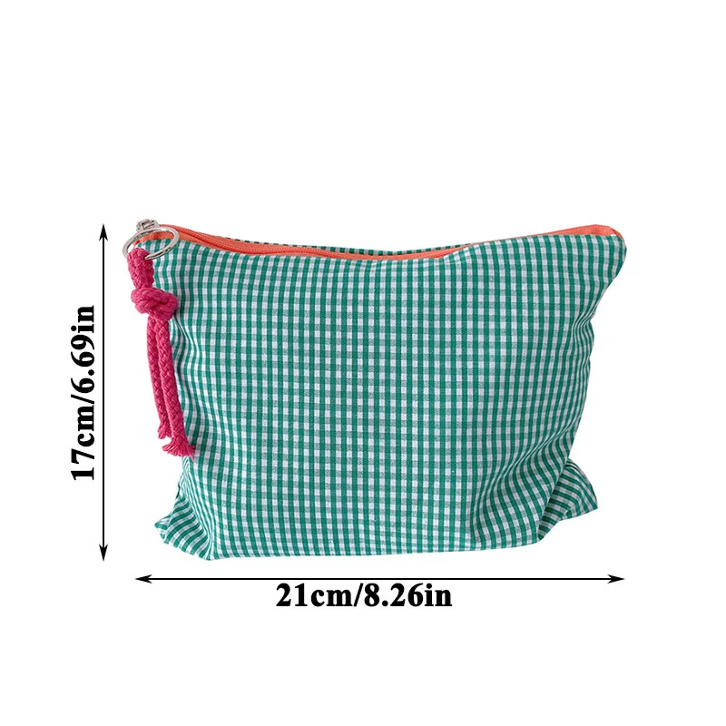 Women Girls Plaid Makeup Bag Cotton Linen Cosmetic Bag With Zipper Pouch Simple Portable Large Capacity Storage Bag Fashion INS