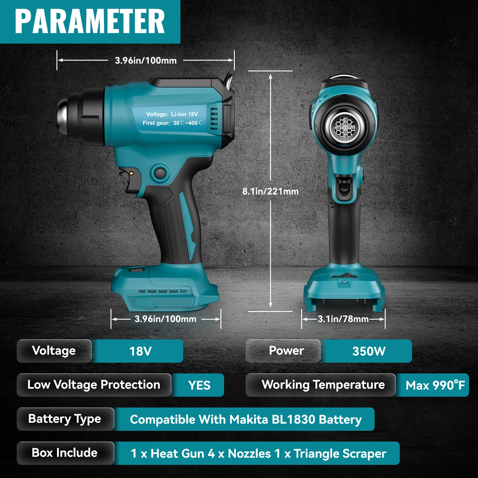 Cordless Handheld Heat Gun 572 to 1022 F Hot Air Gun With 4 Nozzles Industrial Home For Shrink Wrap For Makita 18V Battery