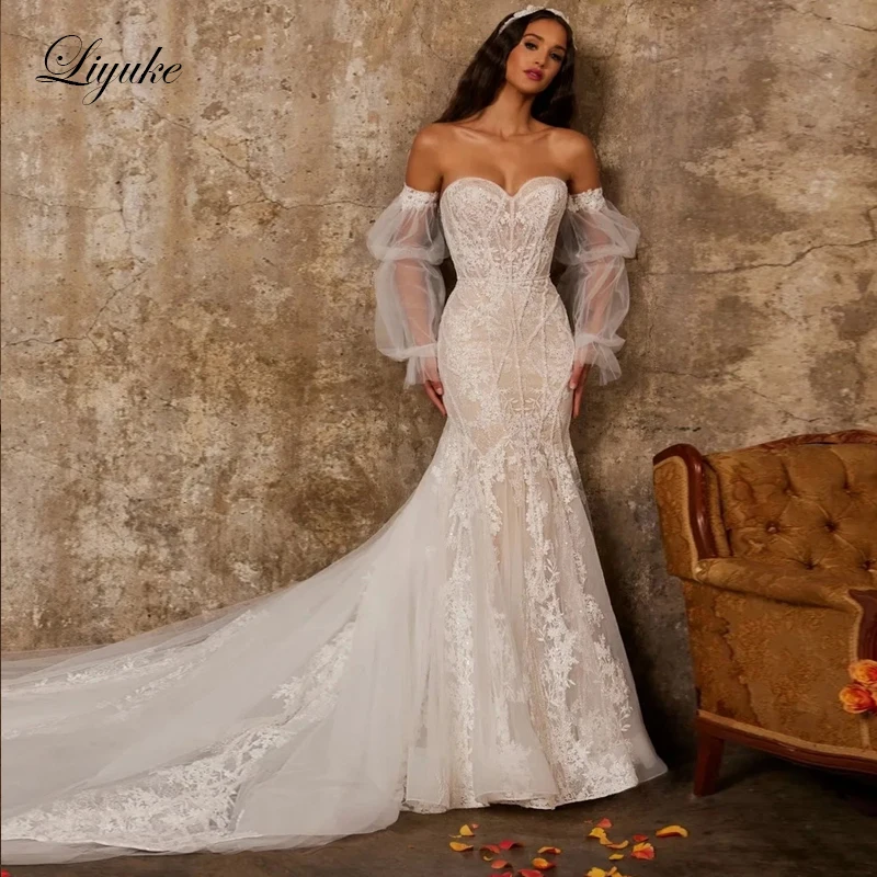 Liyuke Fabulous Sweetheart Mermaid Wedding Dresses Beading Appliques Lace Trumpet  Bridal Gowns With Removable Sleeves