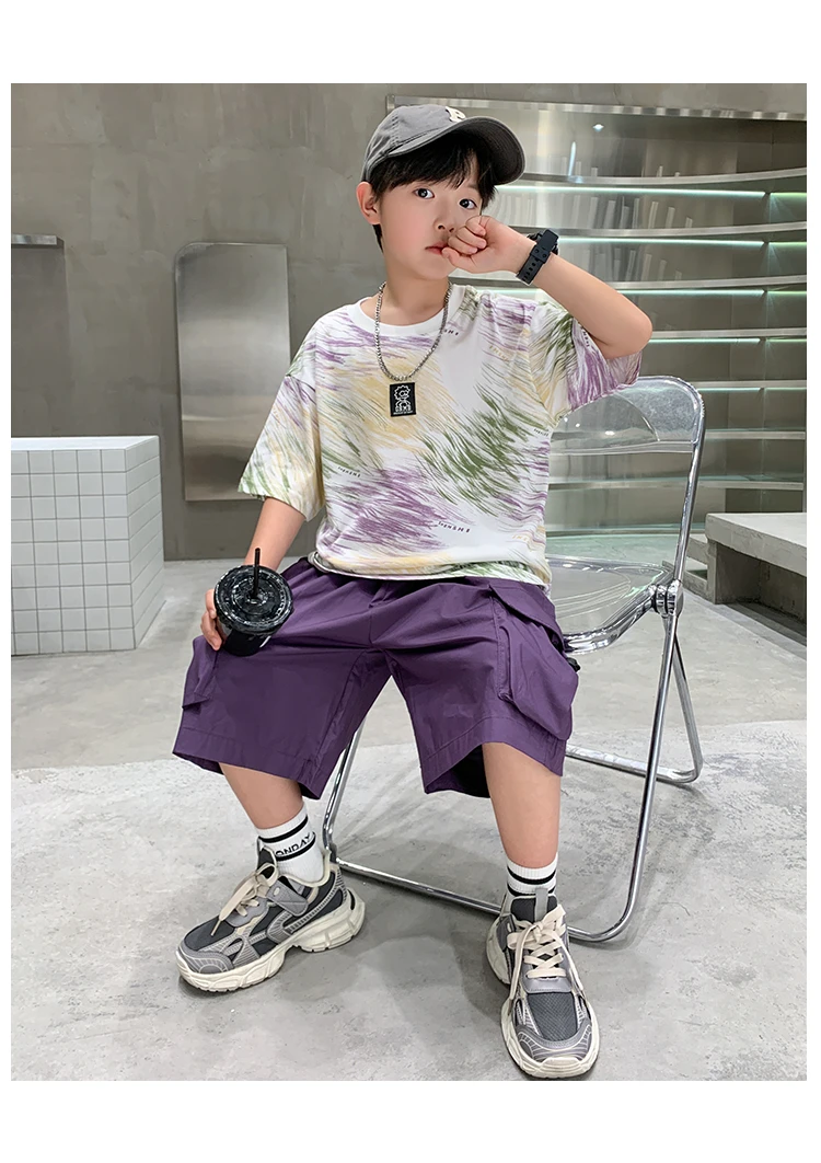 2-teiliges Set für Jungen im Alter von 5-14 Jahren, Teenager-Kinderbekleidung, neuer Sommeranzug für Kinder, Kurzarm-T-Shirt + Shorts, lässiges Street-Outfit. – Detail 2