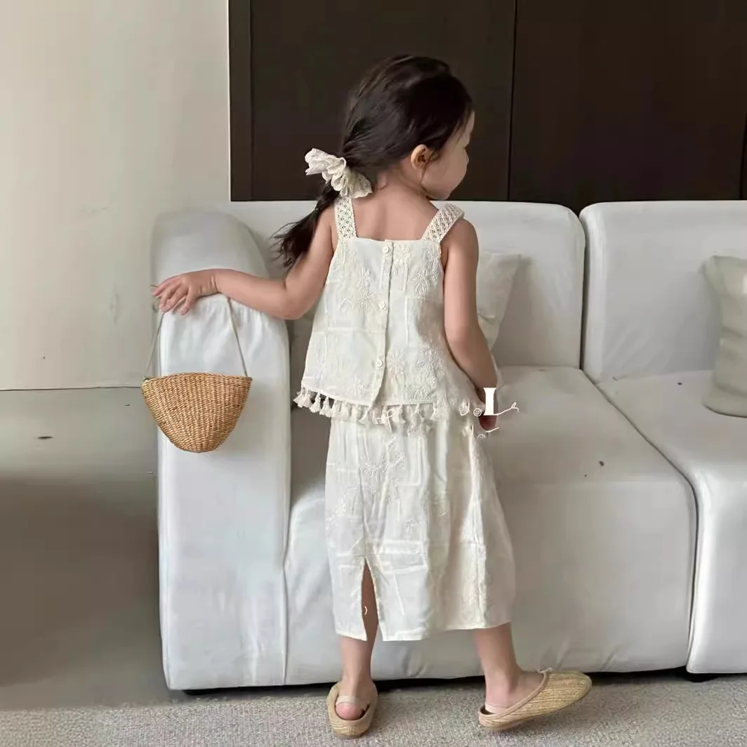 Baby Girl Clothes Suit Wheat Season 2024 Summer New Korean Girls Lace Lace Halter Top Girls Lace Half Skirt 2-piece Set