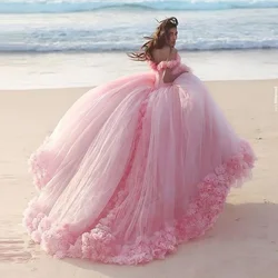 Customized Ball Gown Pink Wedding Dress 3D Flowers Off Shoulder Ruched Puffy Long Vestido De Novia Vintage Bridal