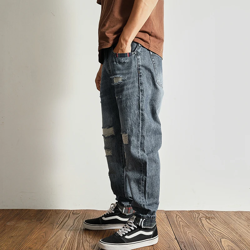 Personality pant pant leg trend jeans men patch patch heavy industry to do old wash loose straight cone pants