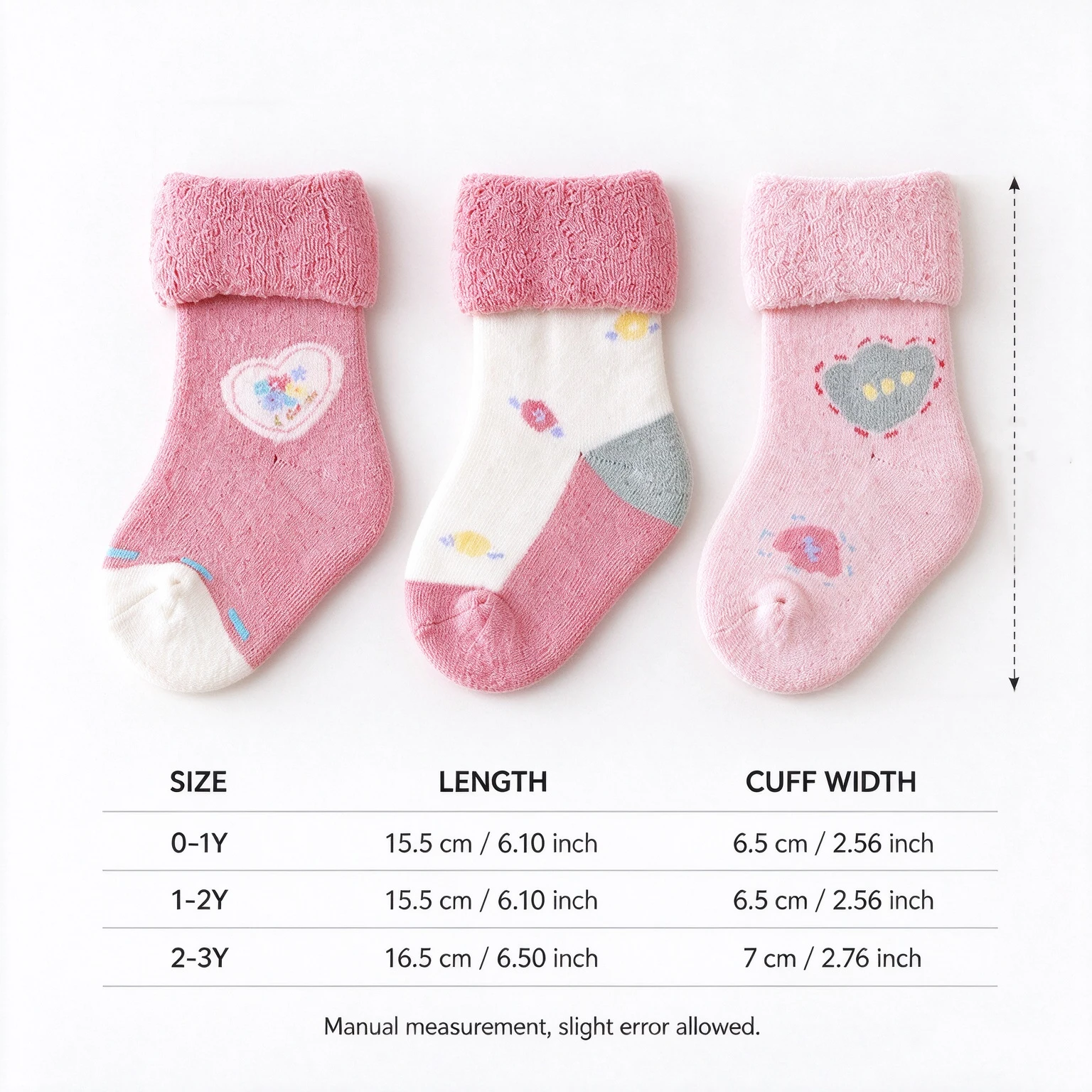 3 Pairs Baby Girls Winter Thick Terry Socks Cute Heart Pattern Soft Foldover Cuff Warm Socks for Infant Toddler 0-3 Years
