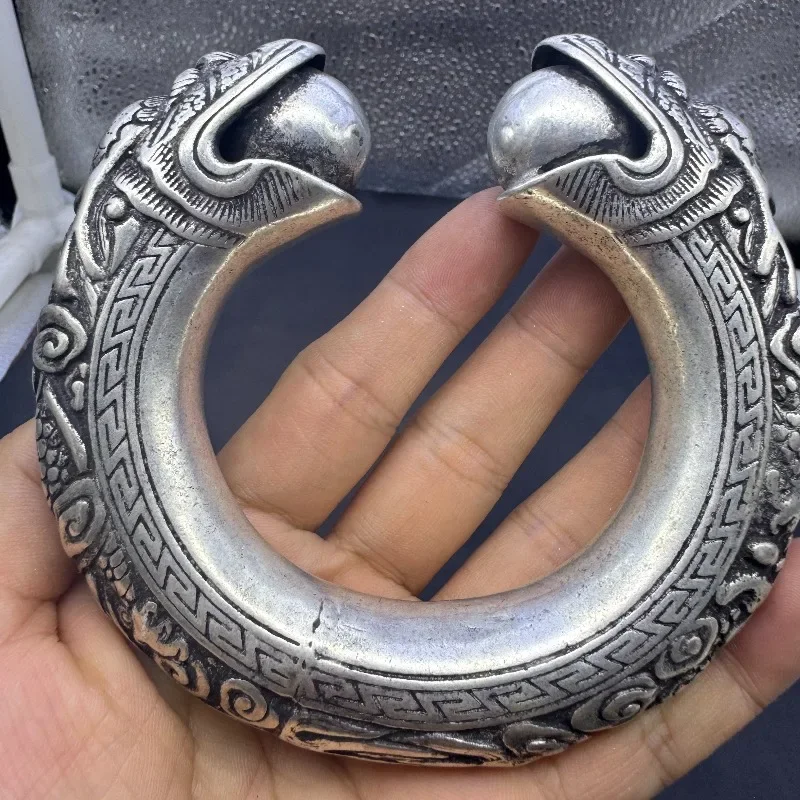 Tibetan Silver Bangle, Exquisitely Carved Dragon Phoenix Pattern, Antique Bronze Tone Retro Ethnic Wrist Jewelry