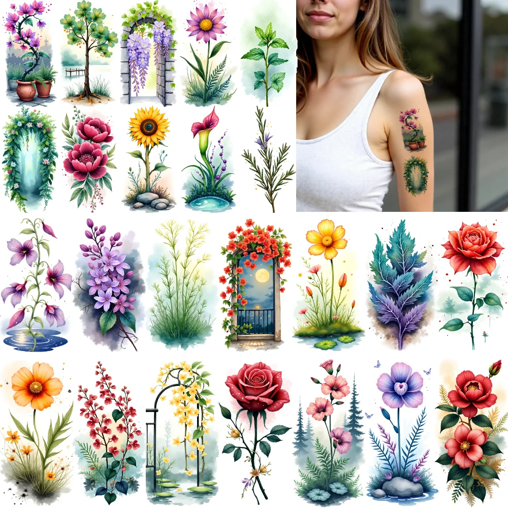 

9 шт. временных татуировок с природными иллюстрациями, акварельные красочные цветы, цветочные узоры, водостойкие, долговечные наклейки для тела