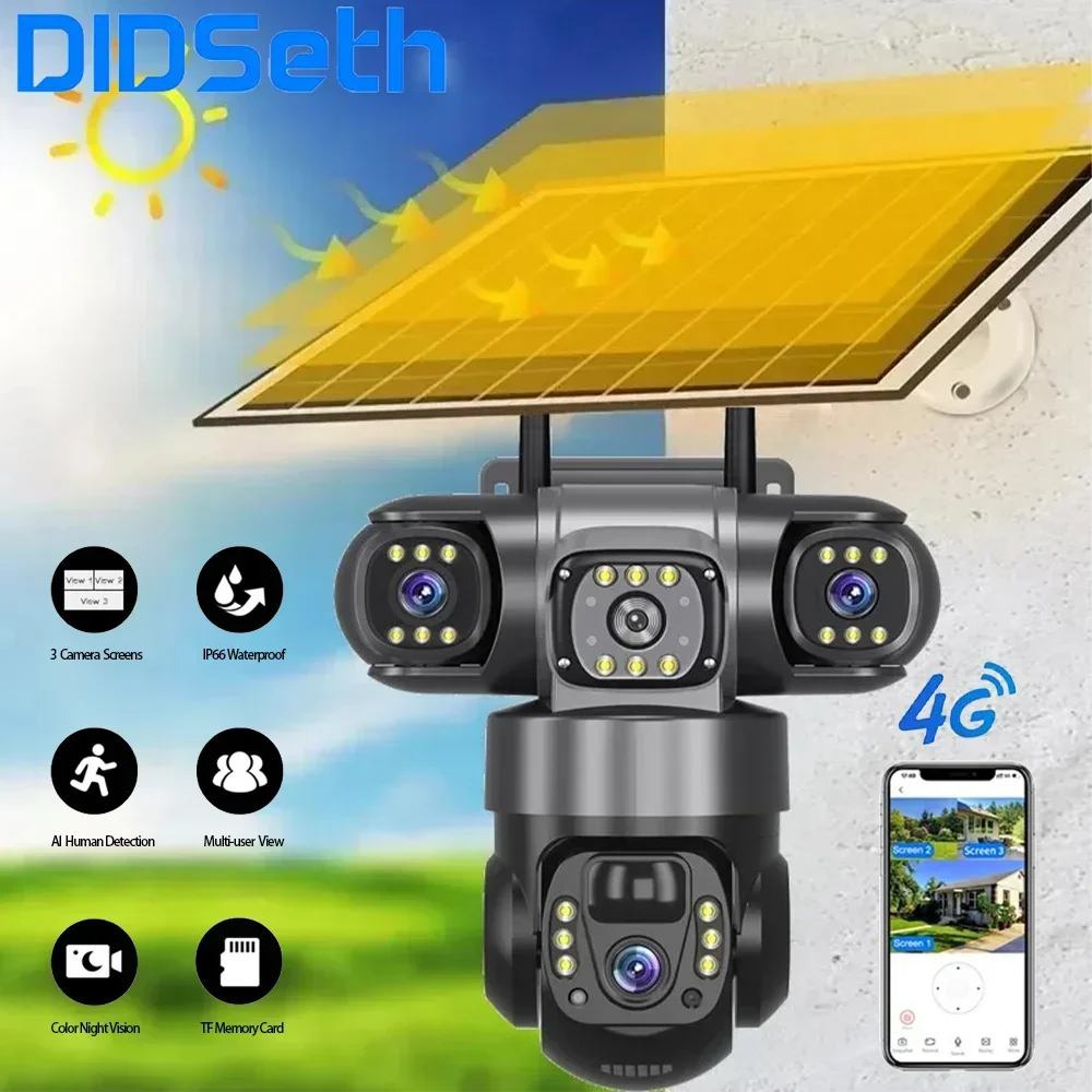 

DIDSeth V380 4G Solar Camera 3-Channel Security System with 10x Optical Zoom HD Live View Night Vision IP66 Weatherproof