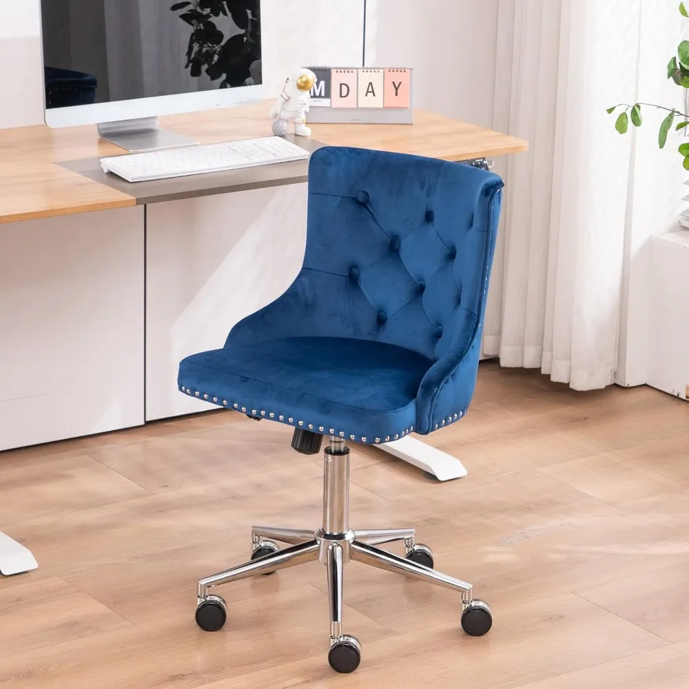 

Navy Blue Velvet Armless Home Office Desk Chair with Gold Base/Wheels, Cute Vanity/Makeup Chair with Back for Bedroom