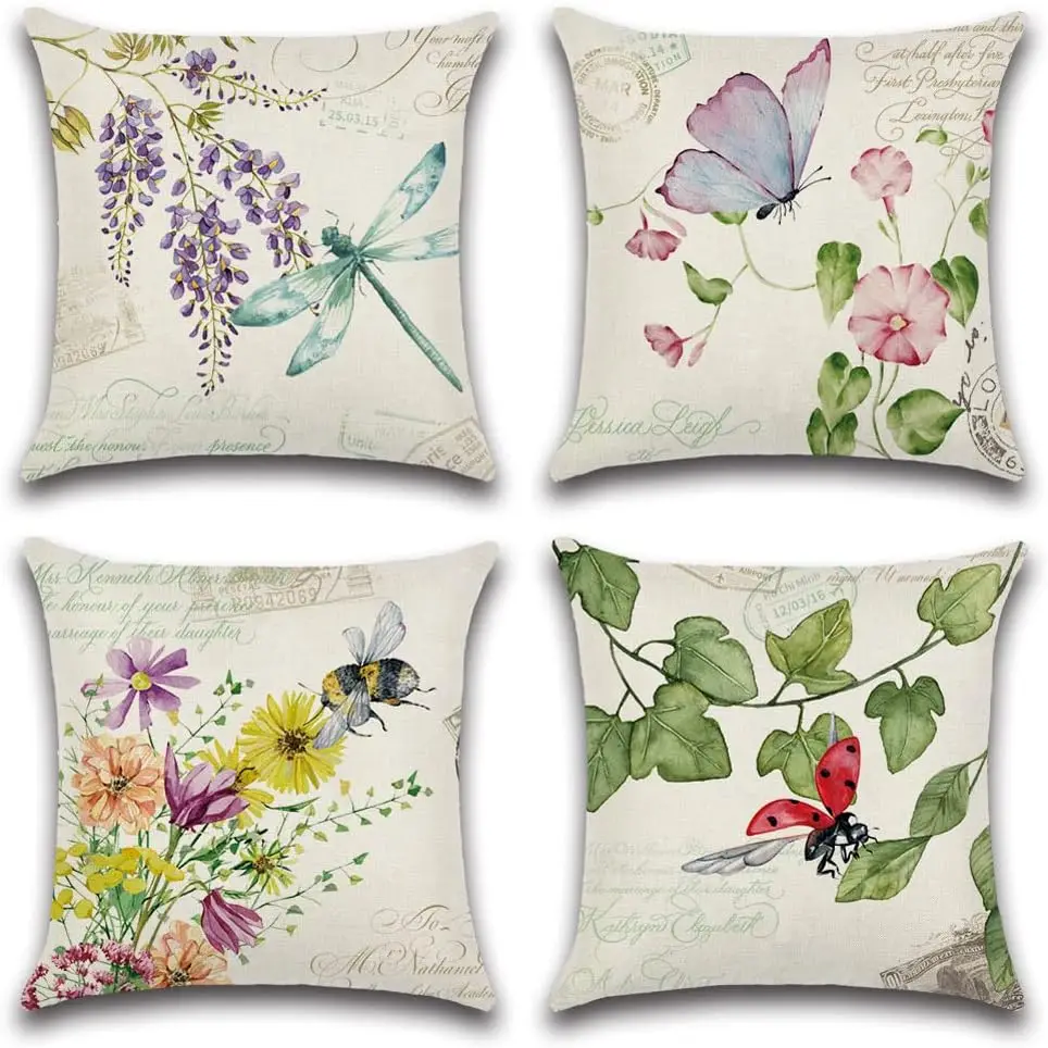 Autumn Pillow Cover Flower Plant Insect Pattern Decoration Cushion Cover Outdoor Garden Sofa Farm Decoration 45x45cm