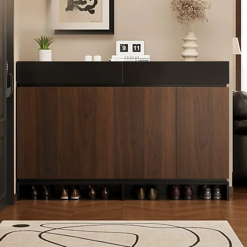 style entrance door shoe cabinet against the wall, large-capacity multi-layer storage cabinet, walnut color, customizable
