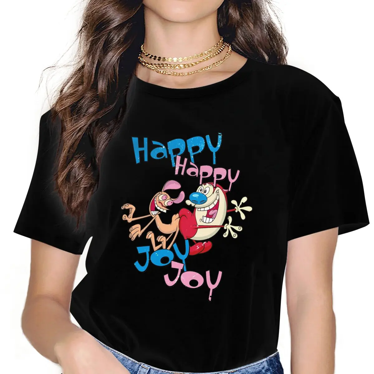 Happy Happy Joy Joy Game Ren And Stimpy Women T Shirt Fibre Alternative O-Neck Polyester TShirt