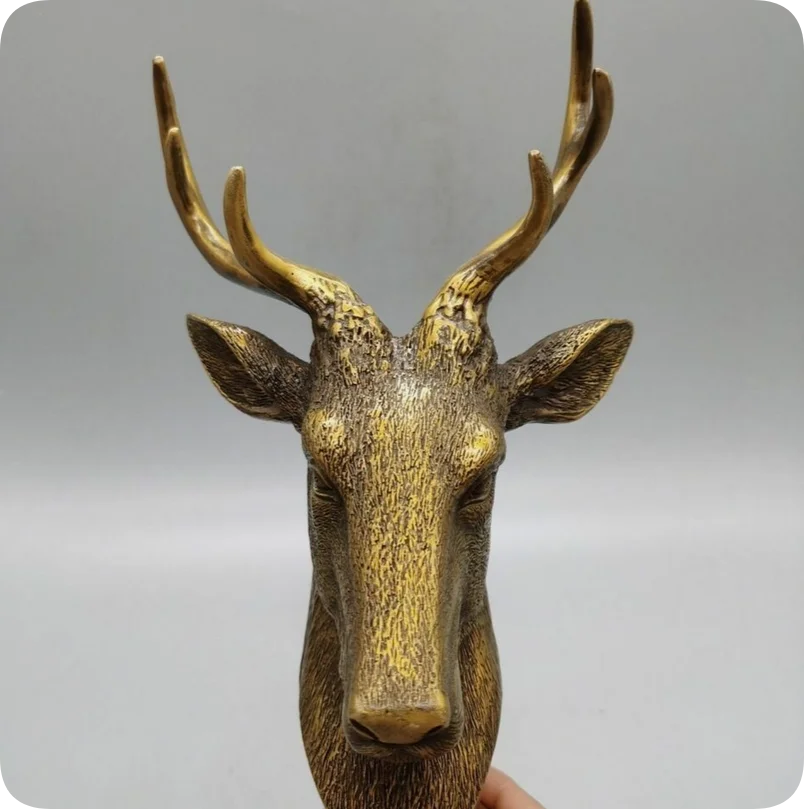 Old Bronze Fengshui Zodiac Animal wild antler deer horn Head Statue