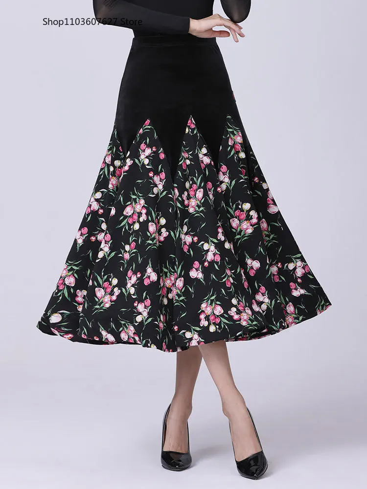 High-end ballroom dance half-length skirt with elastic velvet waist, female waltz modern dance social dress