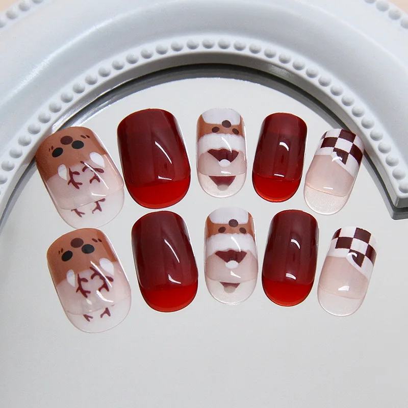 

24pcs Christmas Press-On Nails - Red Plaid with Reindeer & Santa Hat Design Short Square False Nails
