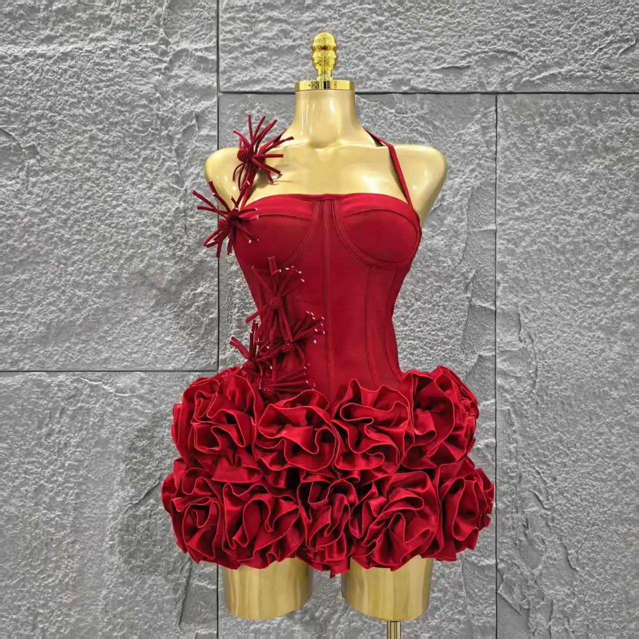 Rode kleur vrouwen sexy halter volledige bloemen 2-delige bodycon mini-bandagejurk vieren nachtclub feest verjaardag jurk