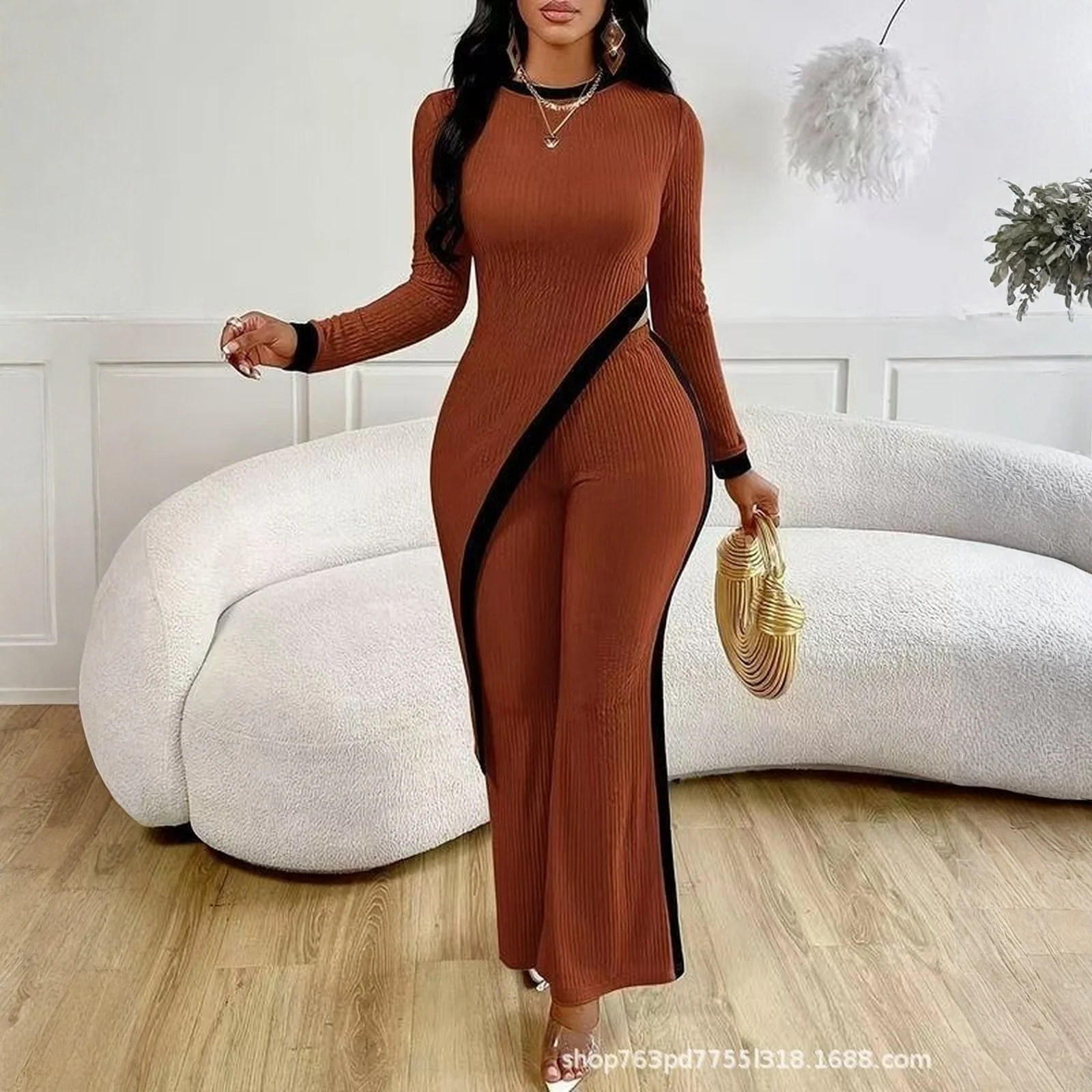 

Комплект брюк в стиле пэчворк с контрастным боковым разрезом и длинными рукавами, женский повседневный костюм, весенне-осенний женский комплект