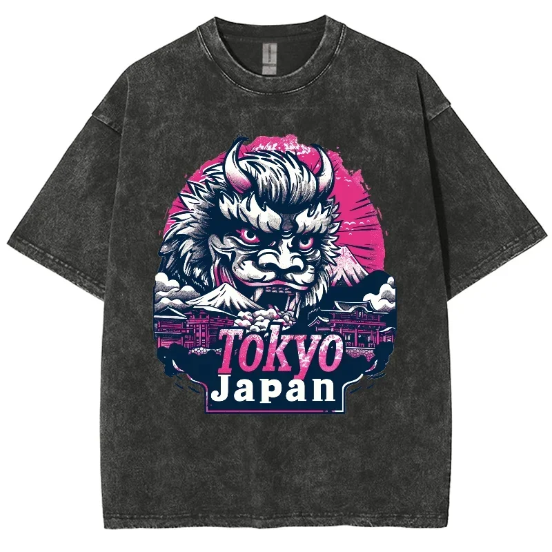 Ukiyoe Dragon Shirt Japan Tokyo, Hiphop Tops Y2K Washed T-shirt, Oversized Streetwear Vintage Washed Surf Tshirts For Men Women