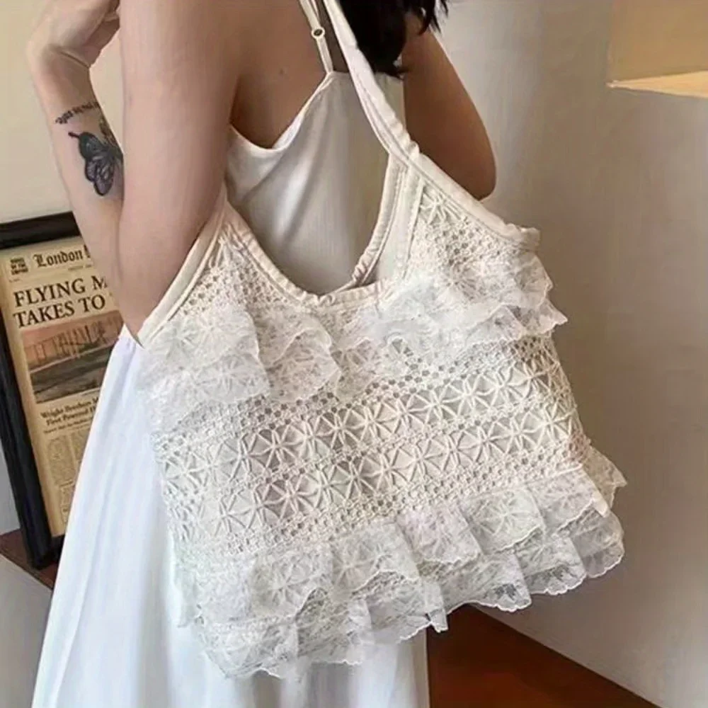 

Summer leisure vacation backpack fairy lace shoulder beach bag lace mesh tote bag underarm shoulder satchel capacity women's bag
