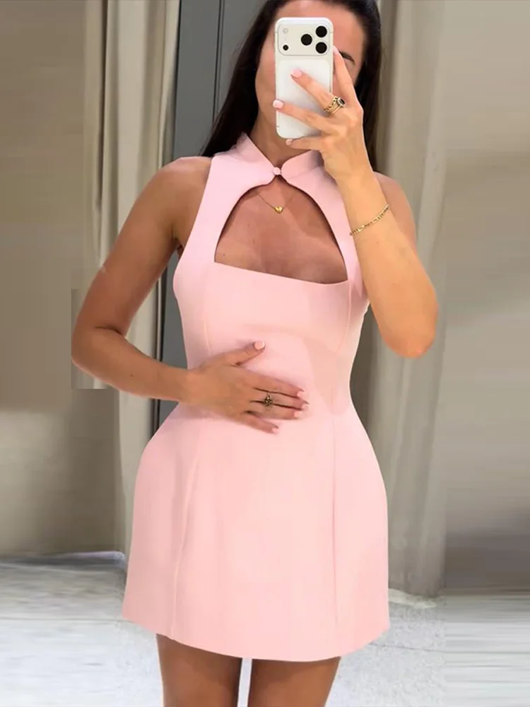 Plissiertes, ausgeschnittenes, tailliertes Minikleid für Damen – sexy, ärmellos, mit Einzelknopf und Reißverschluss, schmal geschnitten, charmantes Partykleid, neu – Detail 20