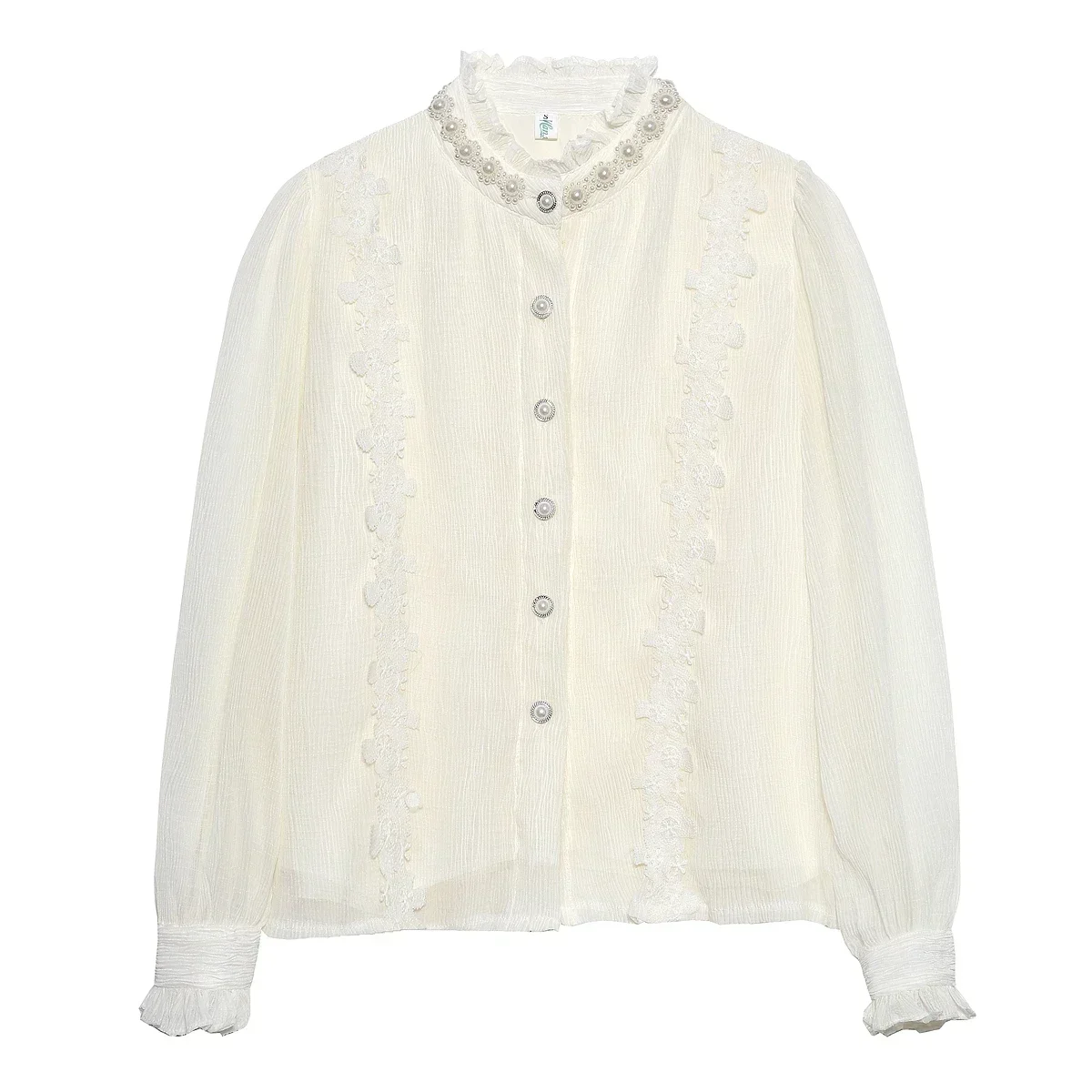 Beading Stand Collar Lace Chiffon Blouse Shirt Women Tops Shirts Blusas Mujer De Moda 2024 Long Sleeve Blouse Women Blusa H259