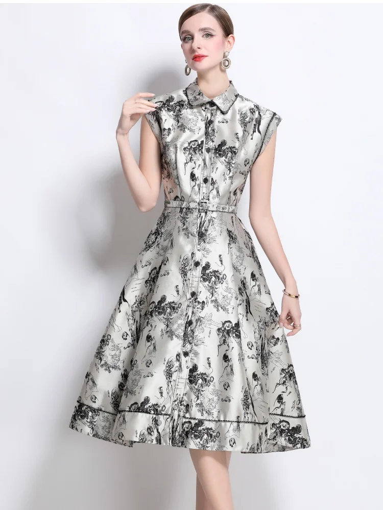 2025 New Spring Single Breasted Sleeveless Animal Ink Jacquard Long Dress Women's Turndown Collar Summer Dress