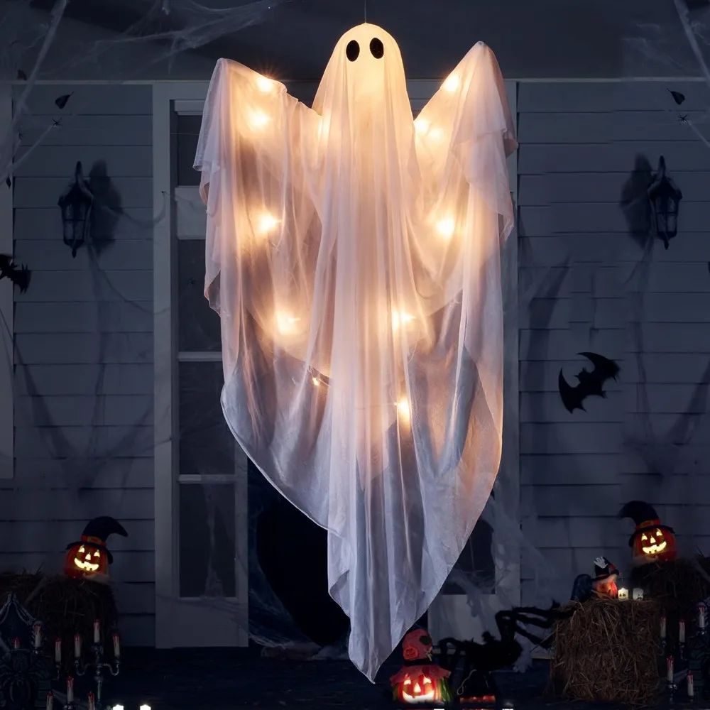 

Halloween Hanging Light up Ghost with Spooky Warm White LED Light, 47” White Hanging Ghosts, Halloween Hanging Decoration