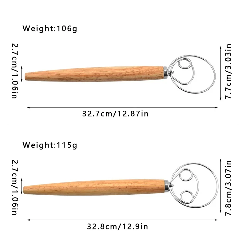Batidor de masa danés de acero inoxidable, mezclador manual de masa de pan de estilo holandés, mango de madera, herramientas de cocina para hornear, licuadora de masa de pastelería