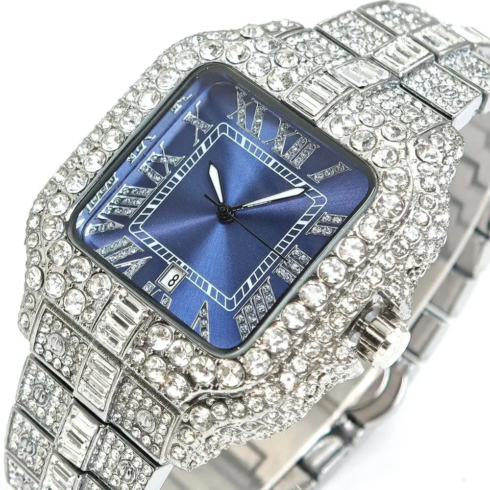 Hot Selling Iced Watch For Man Fashion Square AAA Quartz Watches Men's Hip Hop Rectangle Diamond Jewelry Bling Wrist Watch Gift