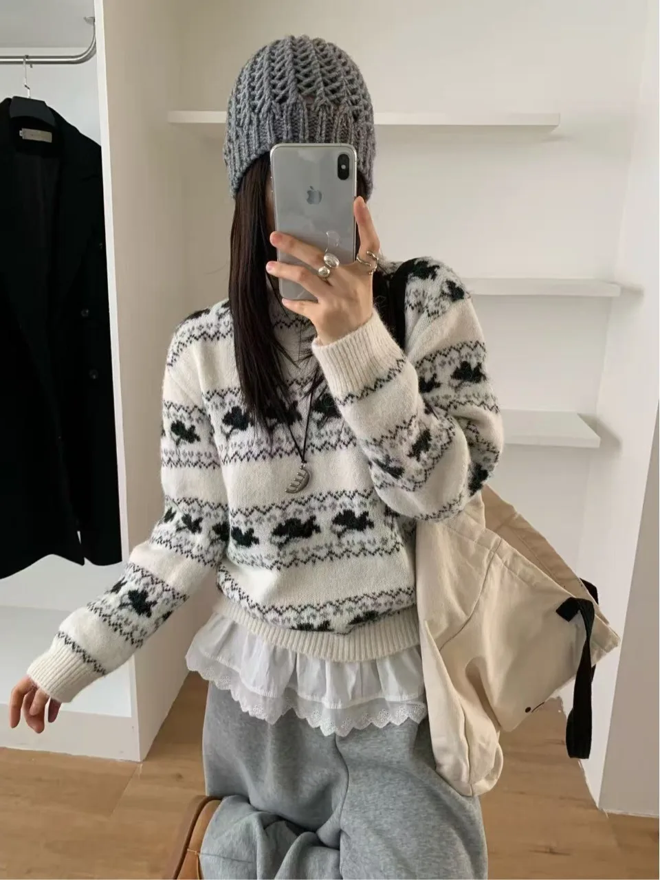 

Ele круглый вязаный свитер Ne, женский винтажный свитер с рисунком Fair Isle, осенне-зимний утягивающий трикотаж на голову