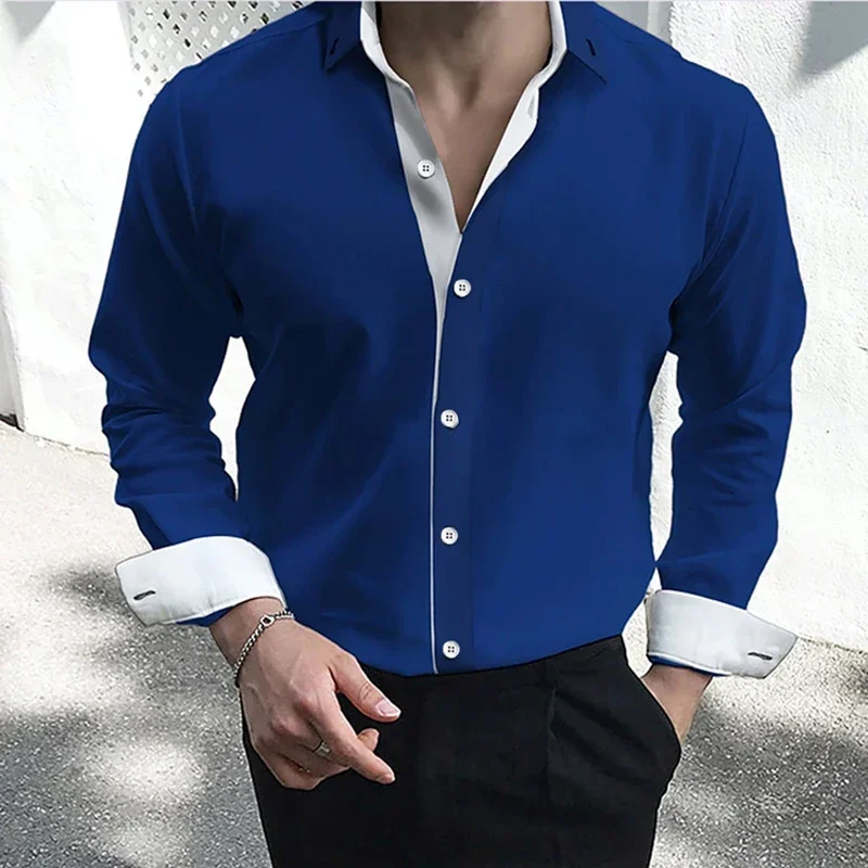 

Men Long Sleeved Lapel Patchwork Shirt New Spring Autumn Business Office T-Shirts Man Casual Single-Breasted Slim Wedding Blouse