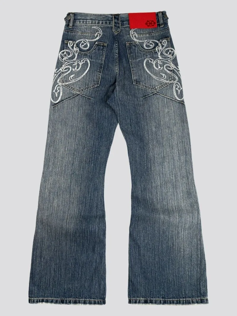 Y2K Vintage Embroidered Flared Jeans Women Streetwear Harajuku Grunge Aesthetic Washed Denim Pants Retro Wide Leg Trousers
