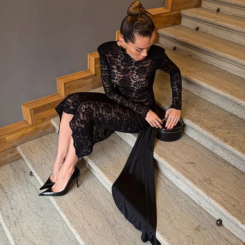リナッド セクシー 刺繍 パッチワーク シアー ロングドレス エレガント Oネック ハイウエスト スリムドレス ヴィンテージ レース ストレートドレス 2025年秋