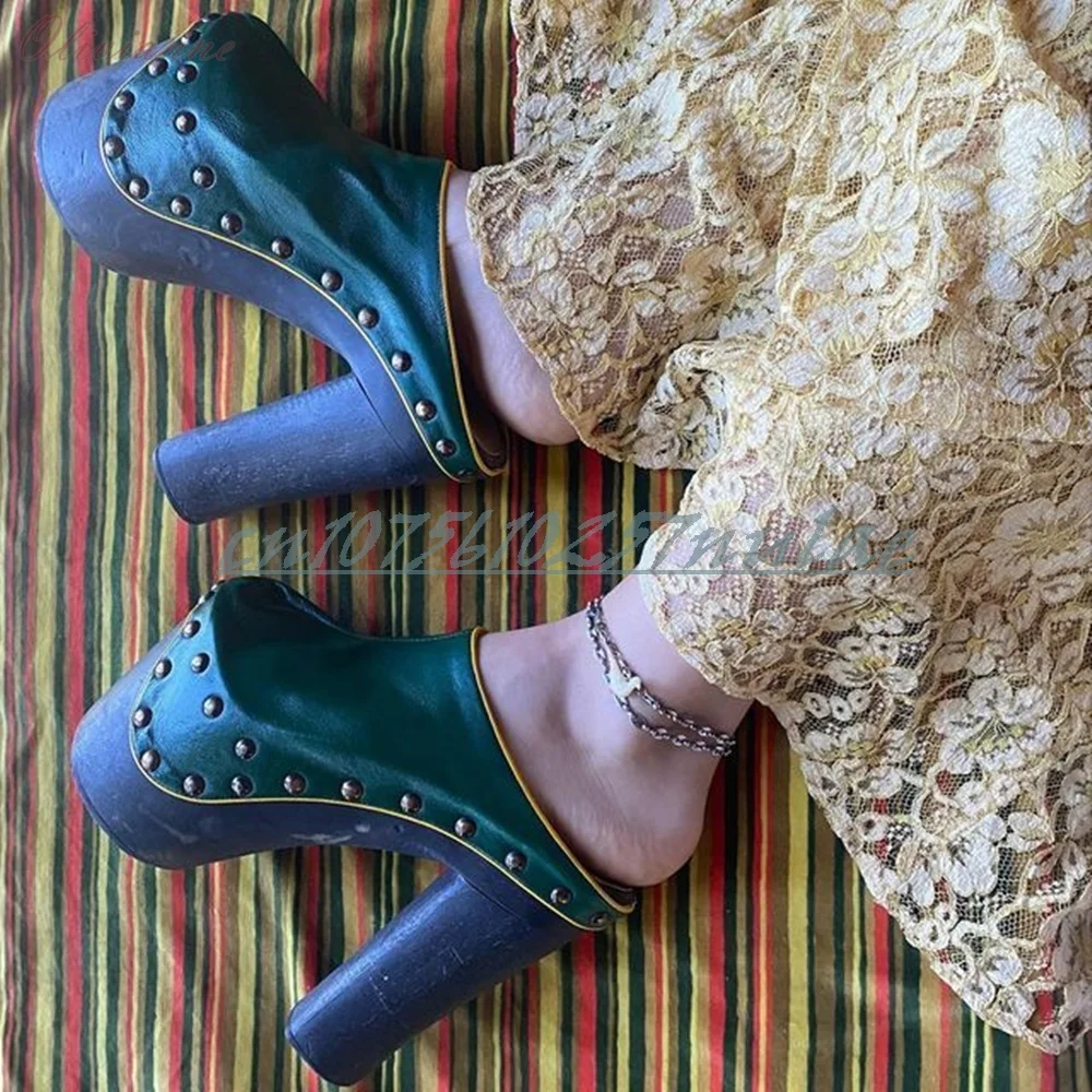 

Retro Style Green Color Round Toe Slippers Platform Side Rivets Decor Outdoors Mules Chunky High Heel Fashion Shoes for Women