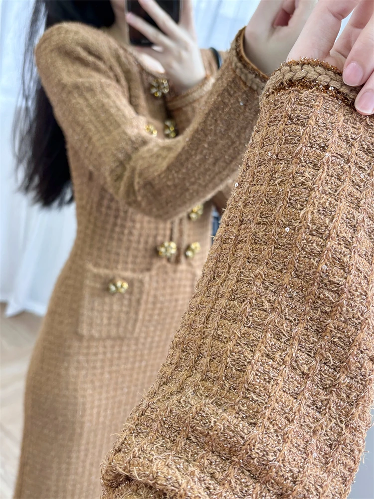 Glitter Dress Women Brown Waffle Knit Dress with Pearl Flower Double Breasted Round Neck Long Skirt, Elegant and Socialite Style