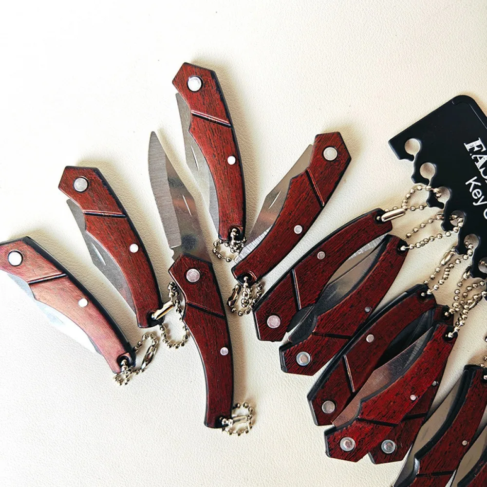 12PCS Portable Mini Wooden Handle Knife Outdoor Folding Knife Camping Pocket Knife Key Pendant Sharp Open Delivery Tool Gift