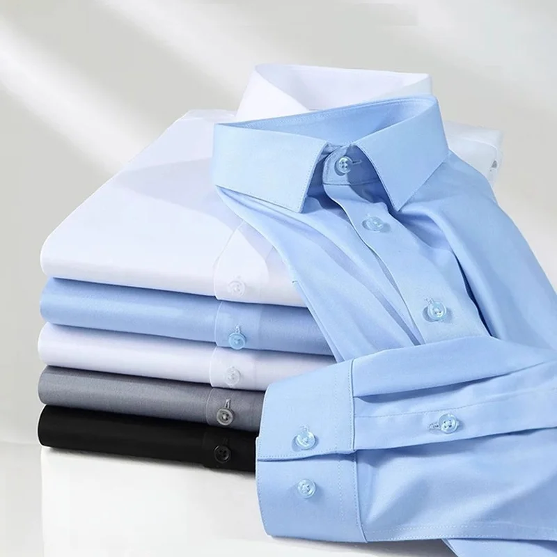 Koszule męskie z włókna bambusowego przeciwzmarszczkowe koszule z długim rękawem dla Slim Fit Camisa społeczna bluzka biznesowa biała koszula niebieska S-8XL