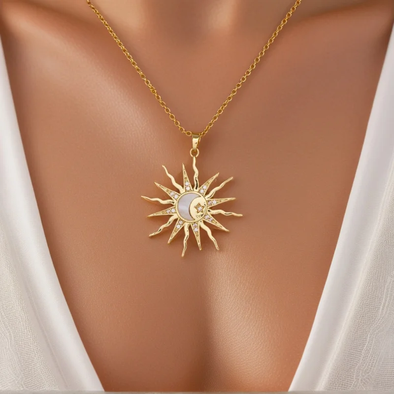 Collar con colgante tres en uno para mujer, joyería de fiesta versátil para uso diario, diseño único, sol, estrella, Luna, diamantes de imitación brillantes