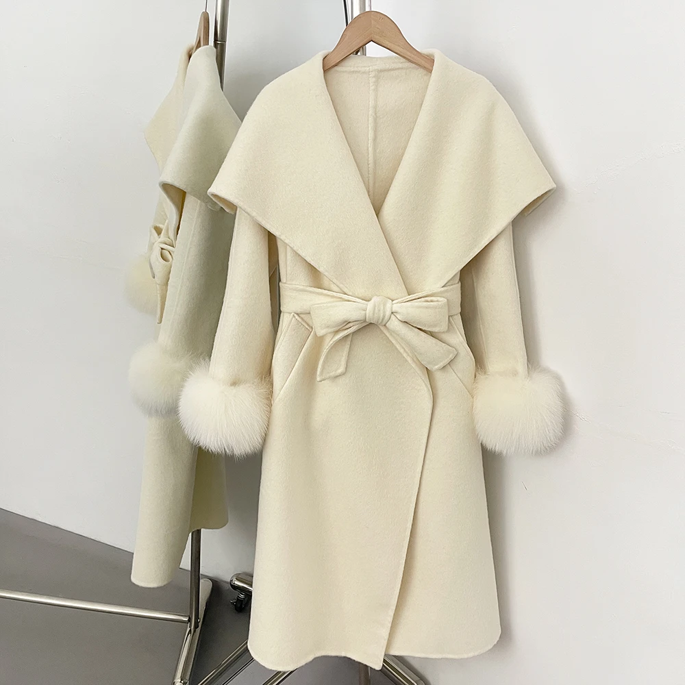 Elegant Woolen Coat Women's Big Collar Wool Coat Real Fox Fur Cuffs Autumn Winter Coats for Woman Winter Woolen Jacket Women