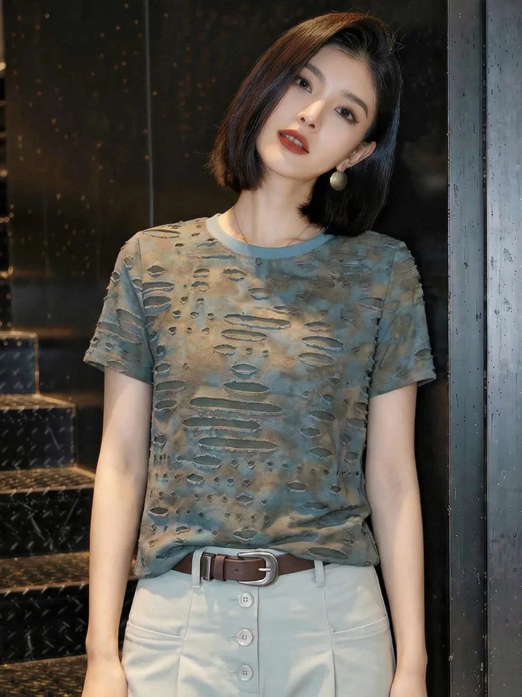 Retro Hong Kong Style round Neck Short Sleeve T-Shirt Women's Loose Casual Top Summer European Goods Design Sense New Model