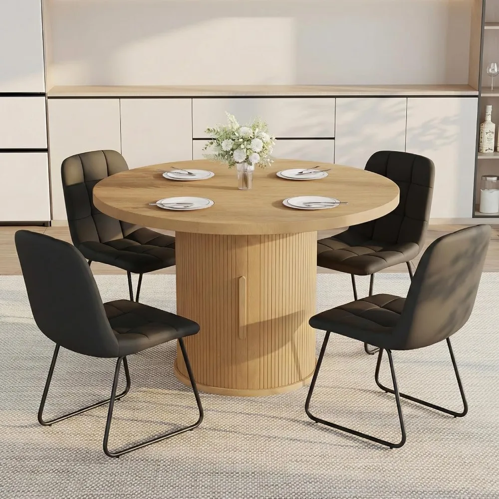 

5-Piece Dining Set for Small Spaces 43.3" Round Table & 4 PU Leather Chairs, Modern Farmhouse with Storage Shelf,, Customized