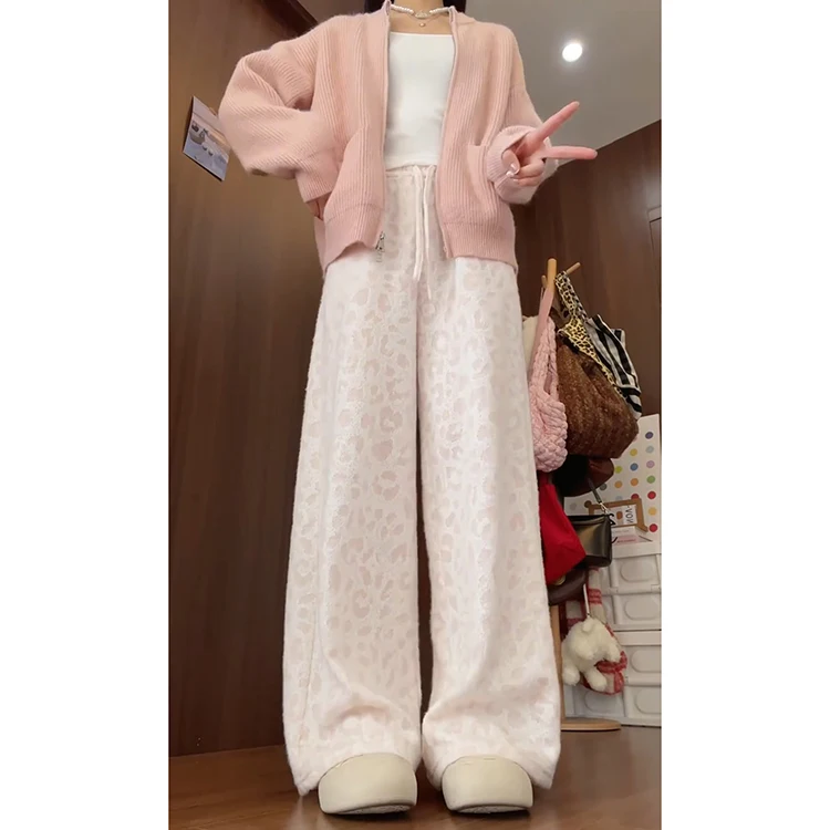 Pantalones informales de punto con estampado de leopardo rosa para mujer, cintura alta, holgados, pierna recta, Otoño Invierno, Faion Sweet Sle