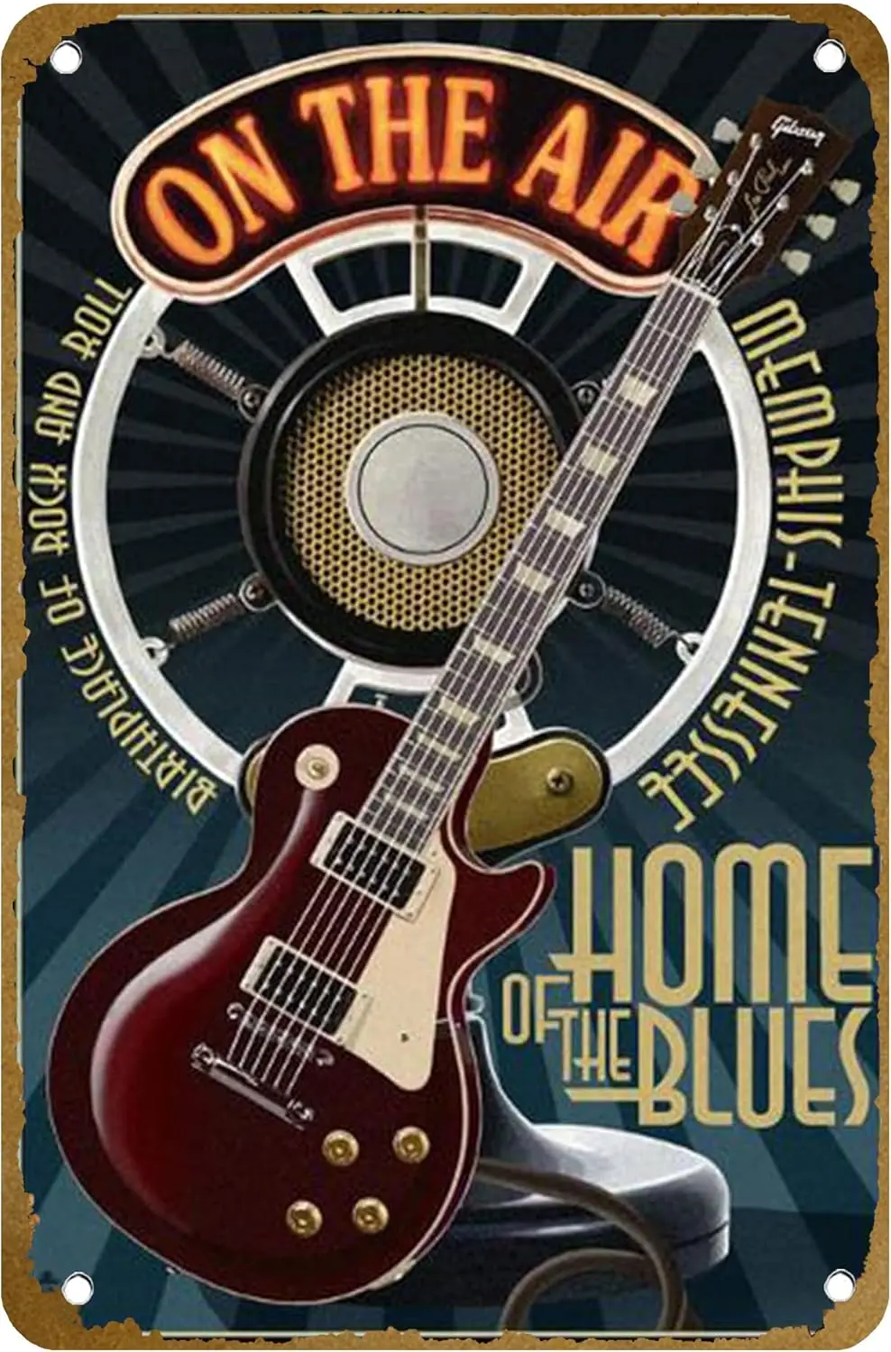 Memphis, Tennessee - Guitar And Microphone - Blue Poster Vintage Metal Tin sign Logo Family Club Bar Cafe Bedroom Art Wall Decor