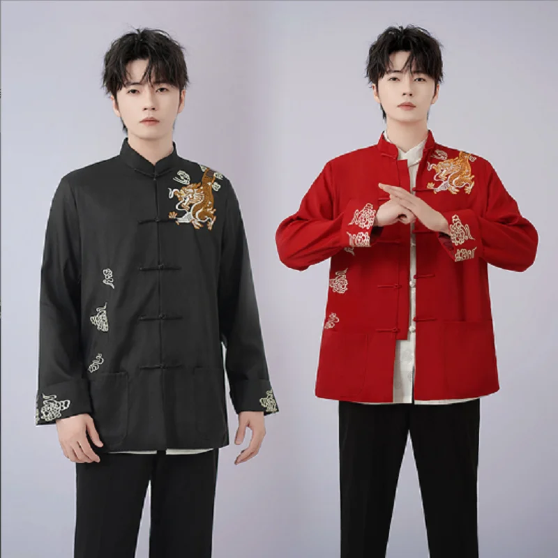 

New Spring Autumn Chinese Style Men's Tang Jacket Embroidered Dragon Long Sleeve Shirt Tai Chi Clothing Kung Fu Coat Size S-3XL