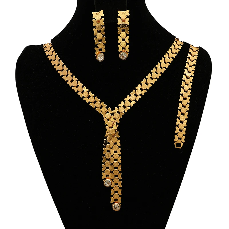 

Dubai Gold Jewellery Sets Bow Chain Zircon Necklace Bracelet Earrings Set Gold Plated Arab Nigeria Women Wedding Party Jewelry